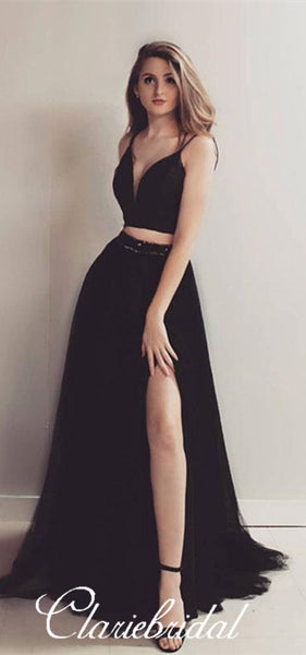 2 Pieces Black Tulle Prom Dresses, Simple Prom Dresses, Long Prom Dresses