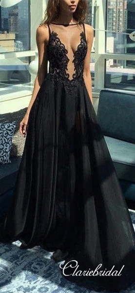 See Through Lace Tulle Top Long A-line Prom Dresses, Black Prom Dresses, Long Prom Dresses