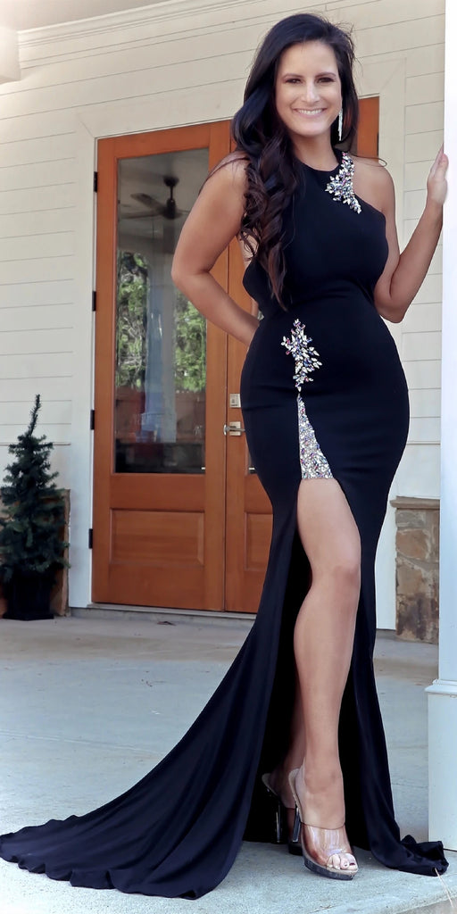 Elegant Black Jersey Rhinestone Beaded Prom Dresses, Mermaid Prom Dres ClaireBridal Elegant Black Jersey Rhinestone Beaded Prom Dresses, Mermaid Prom Dres ClaireBridal