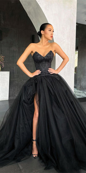 V-neck Long Ball Gown Black Prom Dresses, Lace Tulle Prom Dresses, Newest Prom Dresses