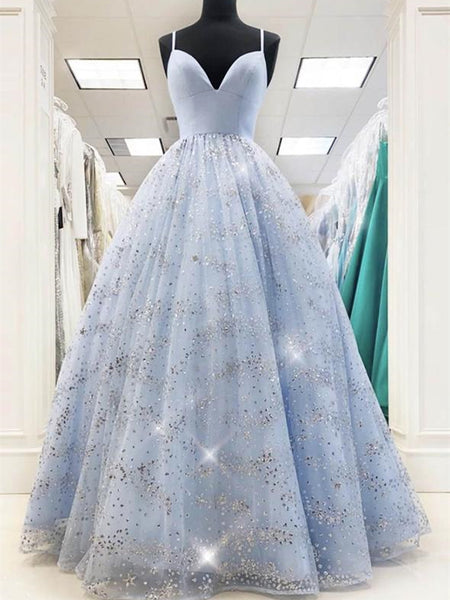 Long A-line Light Blue Sequin Tulle Prom Dresses, Long Prom Dresses, 2020 Popular Prom Dresses