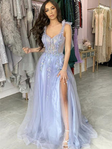 Lovely Lace Tulle Prom Dresses, Side Slit Prom Dresses, Long Prom Dresses, New Arrival Prom Dresses