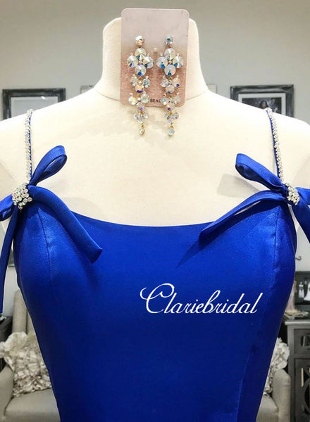 Beaded Straps Long A-line Royal Blue Satin Prom Dresses, Simple Satin Prom Dresses, Long Prom Dresses