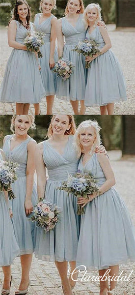 V-neck Ankle Length Light Blue Bridesmaid Dresses