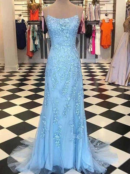Spaghetti Long Sheath Light Blue Lace Prom Dresses, Long Prom Dresses, Prom Dresses