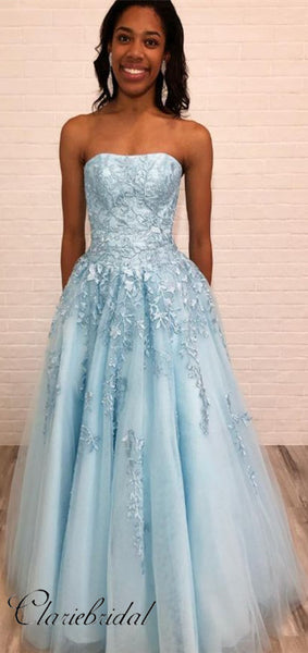 Strapless Light Blue Lace A-line Tulle Prom Dresses, Long Prom Dresses, Prom Dresses