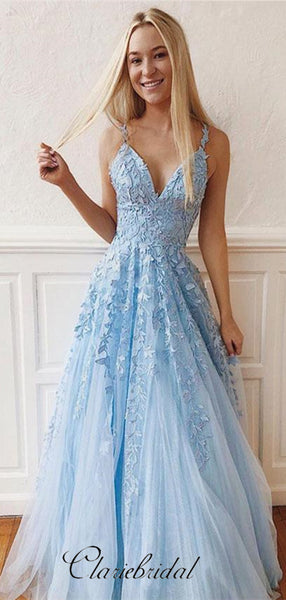Spaghetti Long A-line Light Blue Lace Tulle Prom Dresses, Newest Prom Dresses