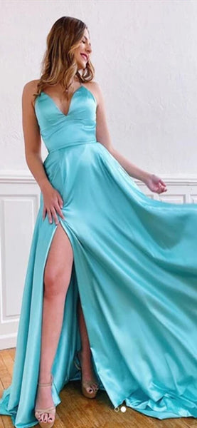 Simple Light Blue Prom Dresses, Side Slit Prom Dresses, Long Prom Dresses, 2020 Prom Dresses