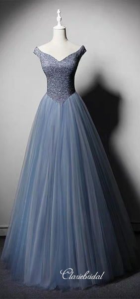 Off Shoulder Blue Beaded Tulle Princess Ball Gown, Long Prom Dresses, Lovely 2020 Prom Dresses