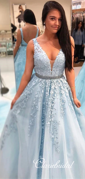 V-neck Blue Lace Beaded Prom Dresses, Affordable Prom Dresses, Popular 2020 Prom Dresses