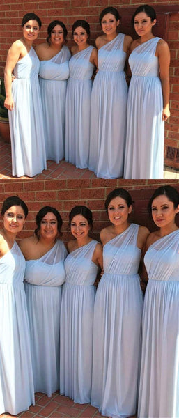 One Shoulder Long A-line Chiffon Bridesmaid Dresses, Long Bridesmaid Dresses, Light Blue Bridesmaid Dresses