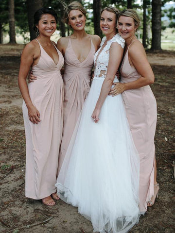 Blush Pink V-neck Long Sheath Chiffon Bridesmaid Dresses