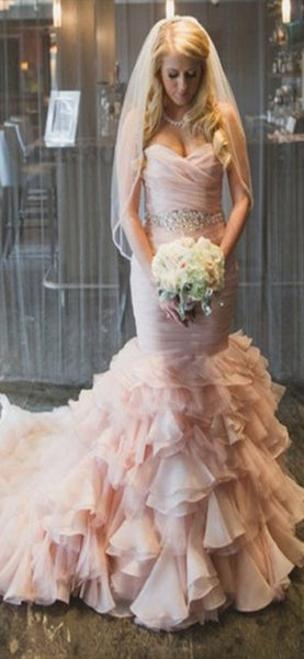 Sweetheart Long Mermaid Blush Pink Wedding Dresses, Organza Wedding Dresses, Lace Up Wedding Dresses