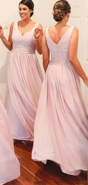V-neck Long A-line Blush Pink Chiffon Bridesmaid Dresses, Simple Bridesmaid Dresses, Bridesmaid Dresses