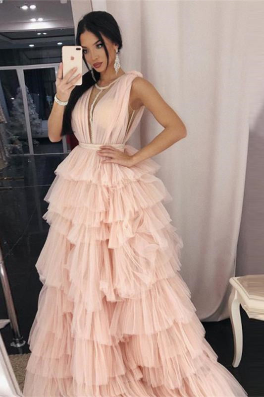 Deep V-neck Layers of Tulle Prom Dresses, Long Prom Dresses, Affordable  Prom Dresses, 2021 Prom Dresses