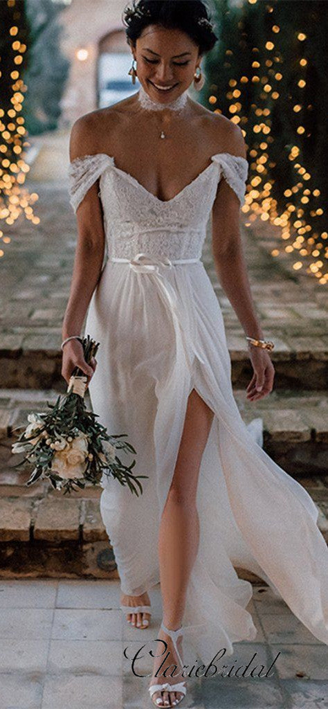 Off Shoulder Lace Top Side Slit Boho Wedding Dresses, Long Wedding Dre – ClaireBridal