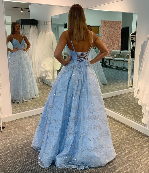 Light Blue A-line Long Prom Dresses 2021, Sequins Spaghetti Straps Evening Party Dresses