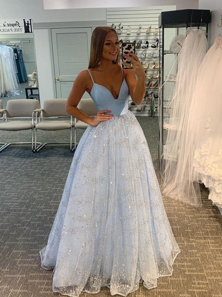 Light Blue A-line Long Prom Dresses 2021, Sequins Spaghetti Straps Evening Party Dresses