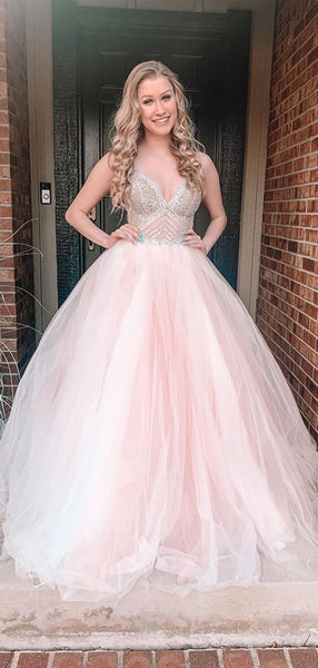 Spaghetti Straps A-line Pink Tulle Prom Dresses, Elegant Fashion 2021 Long Prom Dresses