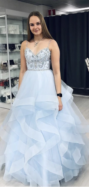 Blue Tulle Beads A Line 2021 Long Prom Dresses, Fluffy Graduation Party Prom Dresses