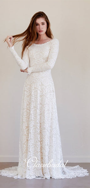 Ivory Long Sleeves Lace Wedding Dresses, A-line U-back Wedding Dresses, Country Wedding Dresses