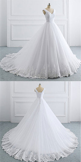 V-neck A-line White Tulle Lace Wedding Dresses, Bridal Gown