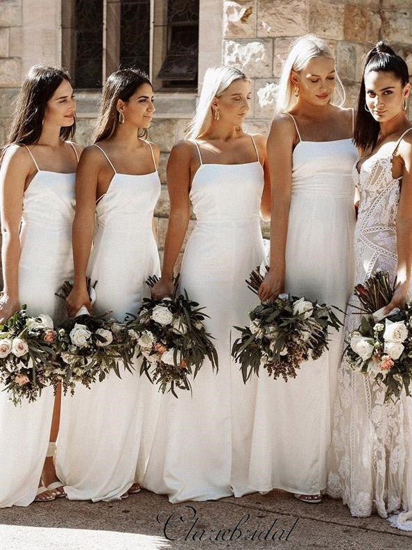 Spaghetti Long A-line Counrty Wedding Ivory Bridesmaid Dresses