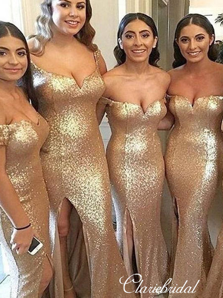 Off Shoulder Gold Sequin Side Slit Long Bridesmaid Dresses