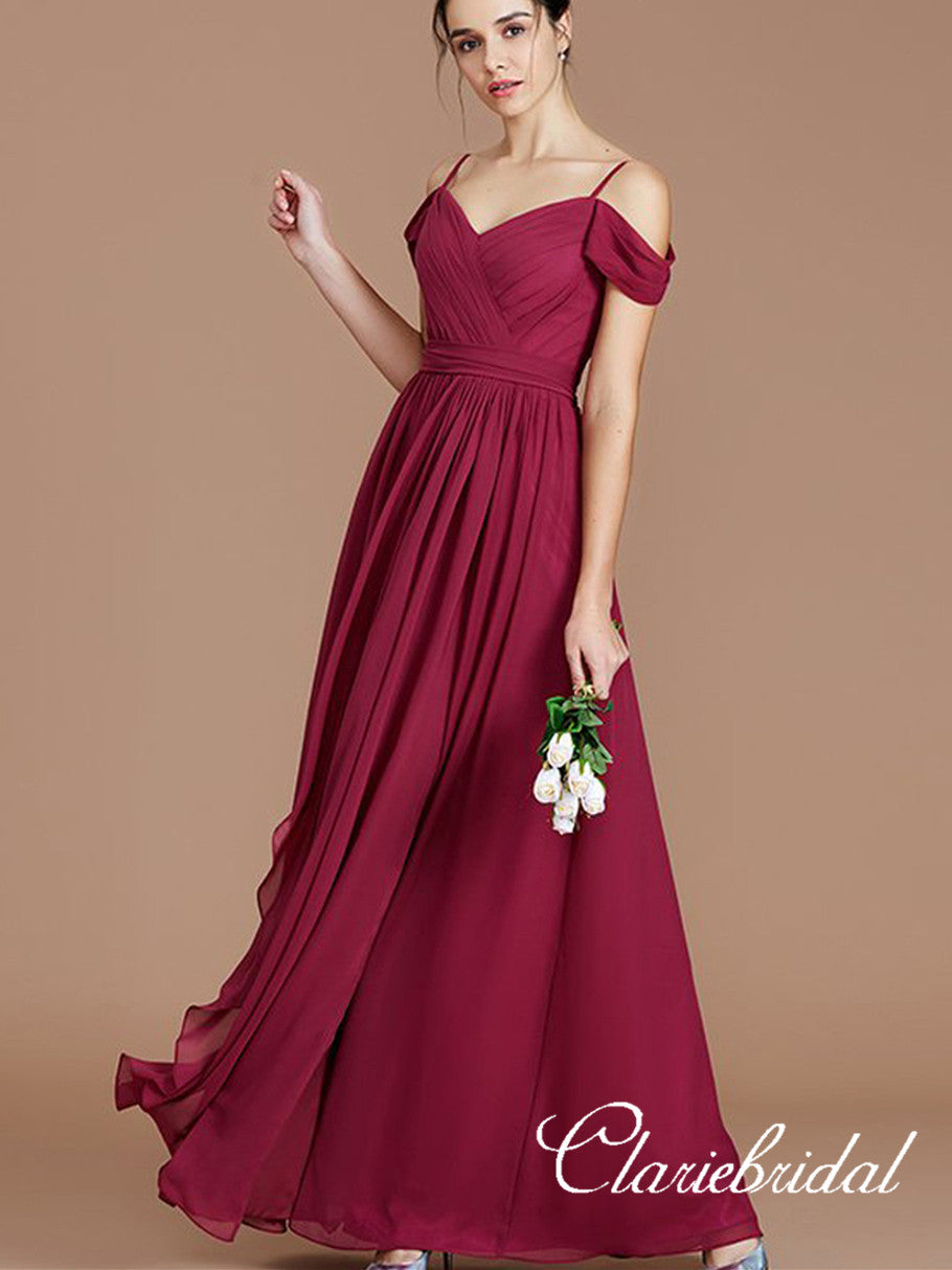 Burgundy Off Shoulder Long A-line Chiffon Bridesmaid Dresses