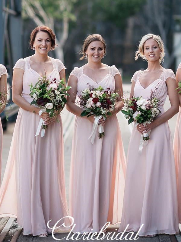 Cap Sleeves Long Pink Chiffon Lace A-line Bridesmaid Dresses