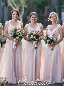 Cap Sleeves Long Pink Chiffon Lace A-line Bridesmaid Dresses
