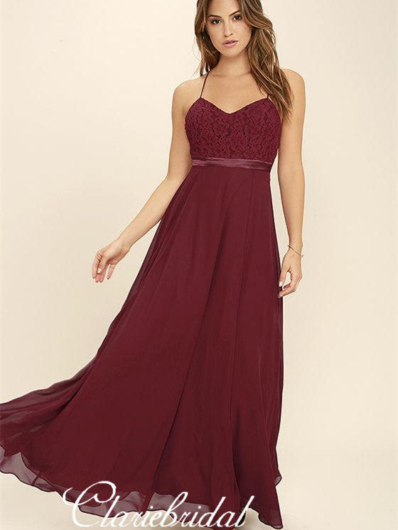 Spaghetti Long A-line Burgundy Lace Chiffon Bridesmaid Dresses