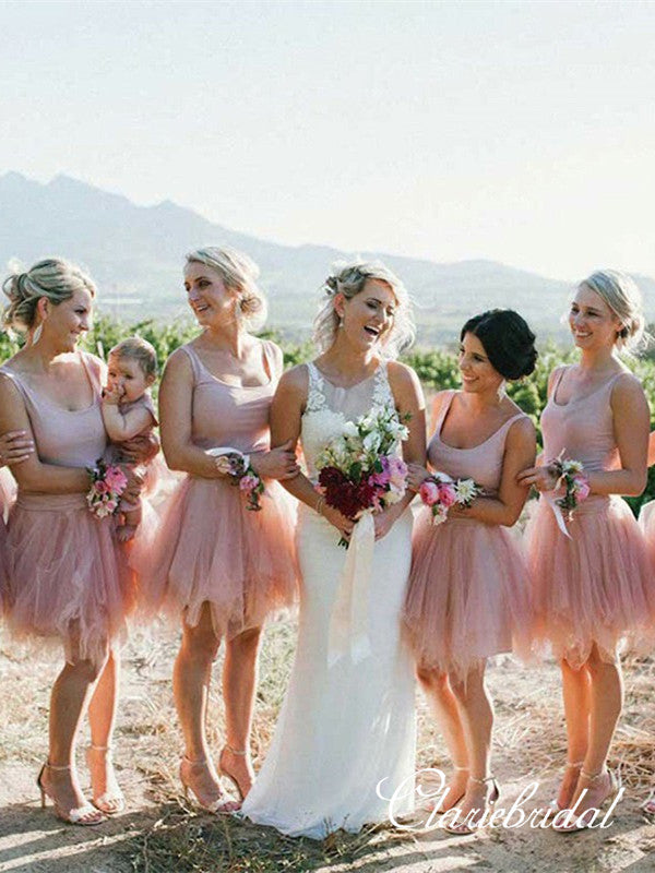 Nude Color Short Tulle Beach Wedding Guest Dresses, Bridesmaid Dresses