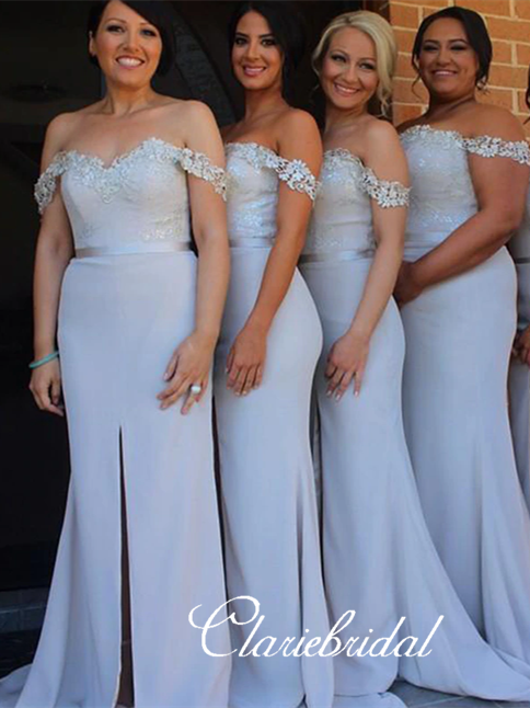 Off Shoulder Light Grey Lace Jersey Long Bridesmaid Dresses ClaireBridal Off Shoulder Light Grey Lace Jersey Long Bridesmaid Dresses ClaireBridal