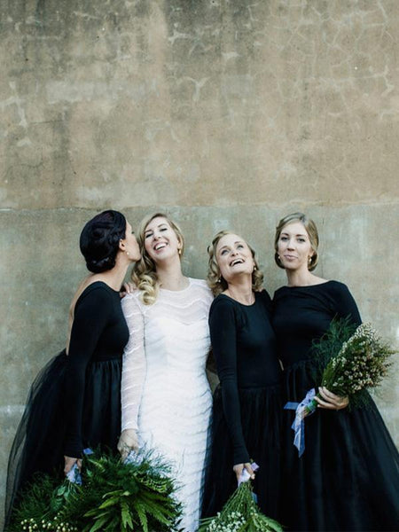 Long Sleeves Black Jersey Top Tulle Skirt Bridesmaid Dresses