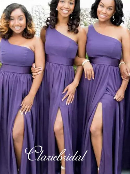 One Shoulder Purple Side Slit Long Bridesmaid Dresses