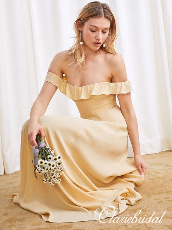Off Shoulder Long A-line Yellow Elastic Satin Bridesmaid Dresses