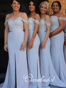 Off Shoulder Light Grey Lace Jersey Long Bridesmaid Dresses