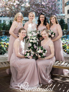 CV-neck Long A-line Tulle Bridesmaid Dresses