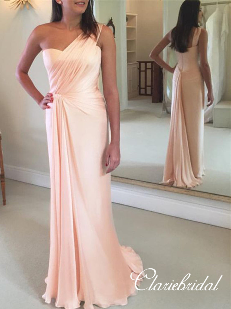 One Shoulder Peach Elastic Satin Elegant Long Bridesmaid Dresses ClaireBridal