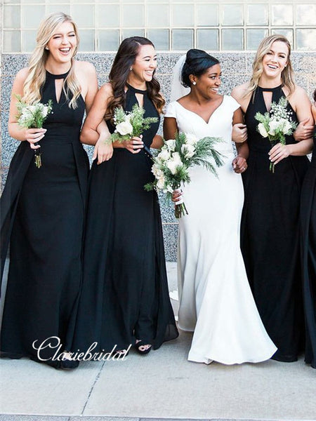 Long A-line Black Chiffon Bridesmaid Dresses With Key Hole