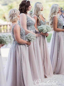 V-neck Long A-line Beaded Tulle Long Bridesmaid Dresses