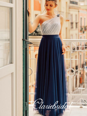 One Shoulder Navy Tulle Ivory Sequin Long Bridesmaid Dresses