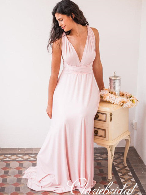 Convertible A-line Blush Pink Jersey Long Bridesmaid Dresses