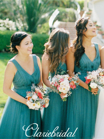 V-neck A-line Green Tulle Long Bridesmaid Dresses, Wedding Dresses