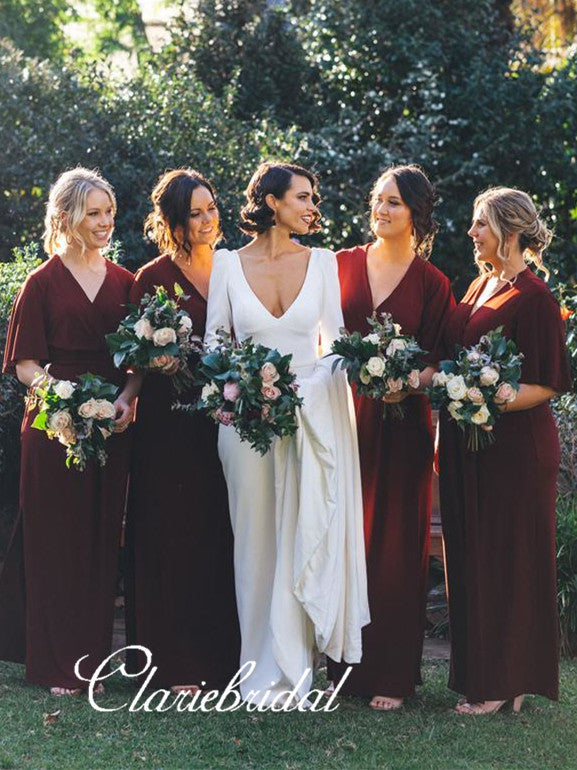 Half Sleeves A-line Burgundy Jersey Long Bridesmaid Dresses – ClaireBridal
