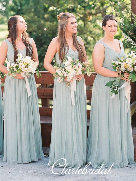 V-neck Dusty Green A-line Tulle Long Bridesmaid Dresses