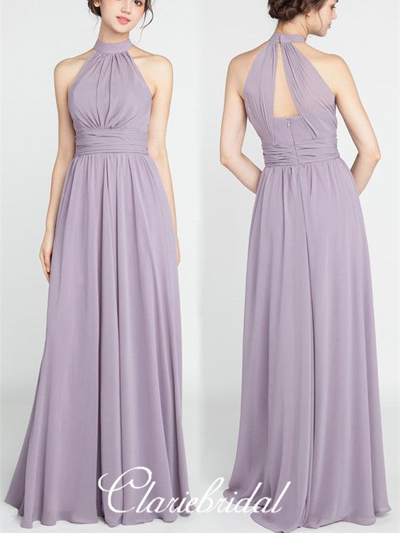 Halter A-line Purple Chiffon Long Bridesmaid Dresses