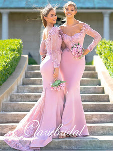 Long Sleeves Pink Mermaid Lace Appliques Bridesmaid Dresses