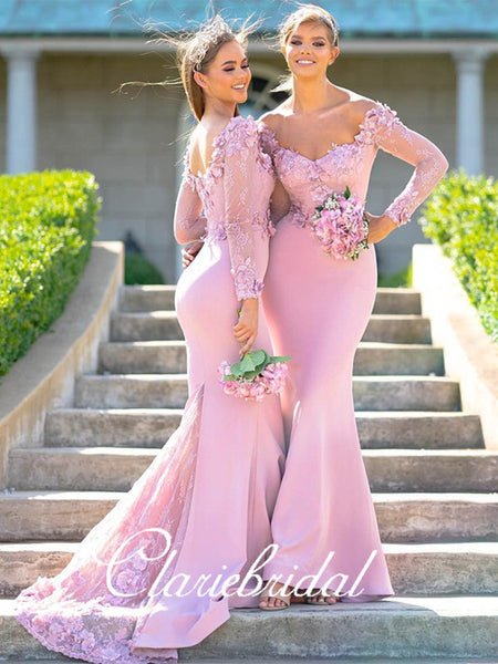 Long Sleeves Pink Mermaid Lace Appliques Bridesmaid Dresses
